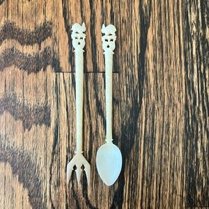 Antique Carved Bone Pickle Fork and Relish Spoon Set with Rabbit Finial